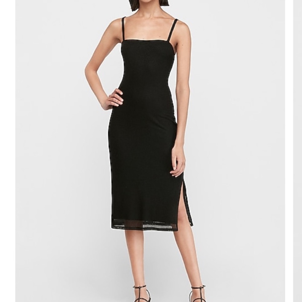 Express Black  Square Neck Ribbed Midi Dress